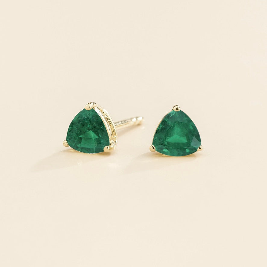 Trillion Emerald Solitaire Stud Earrings in White Gold