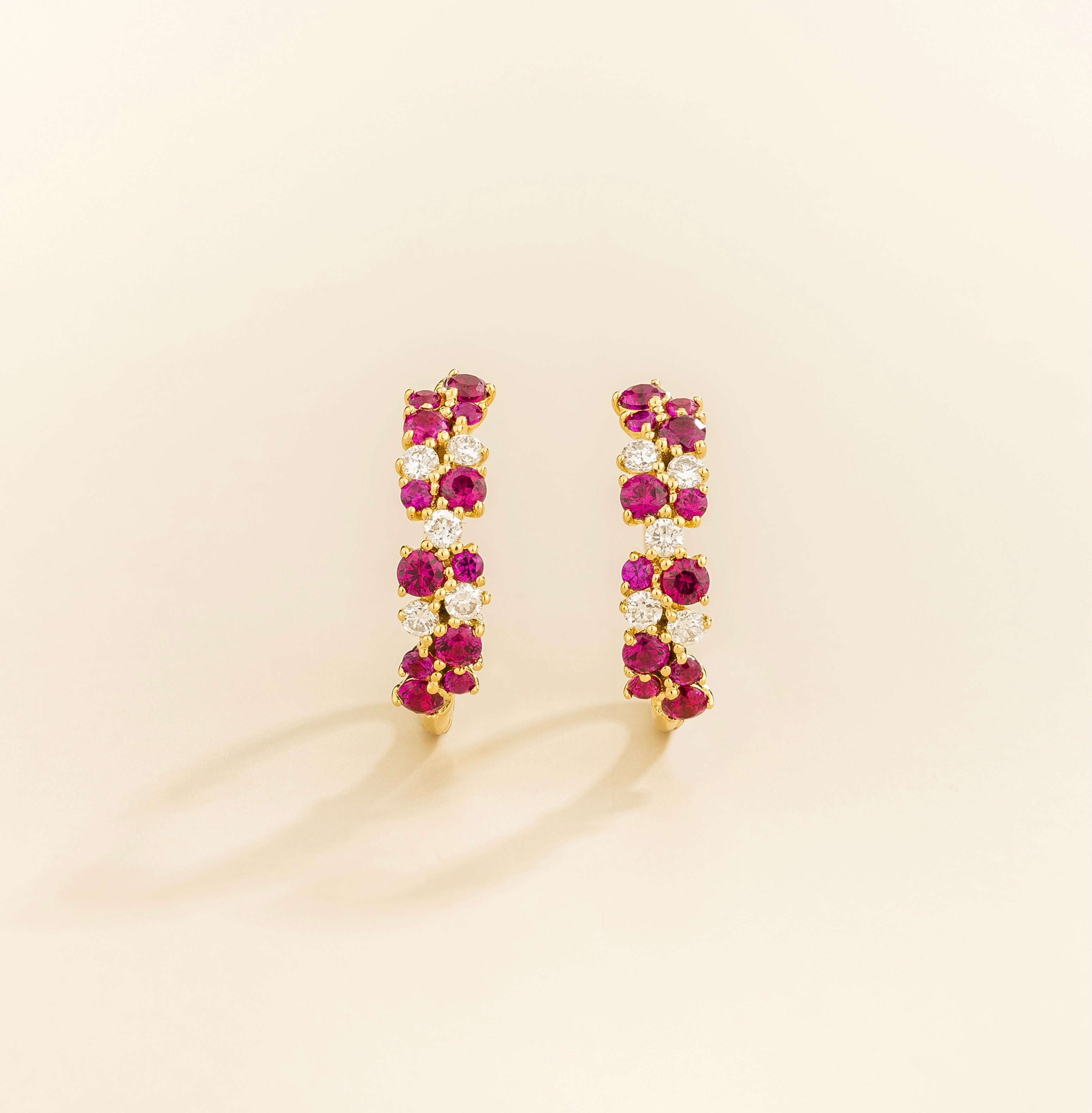 Starry Ruby & Diamond Huggie Hoop Earrings in Gold