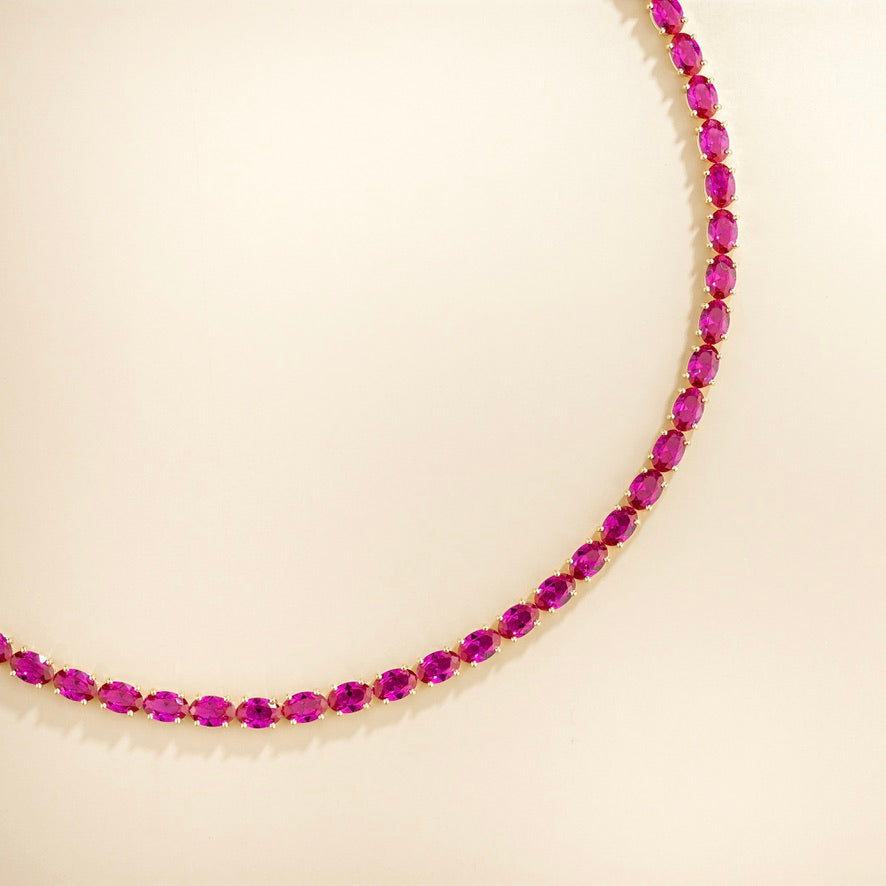 Salto Vivid Pink Sapphire Oval Tennis Necklace in Gold