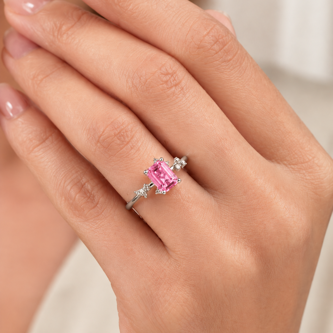 Frost Emerald-Cut Pink Sapphire & Diamond Ring in White Gold