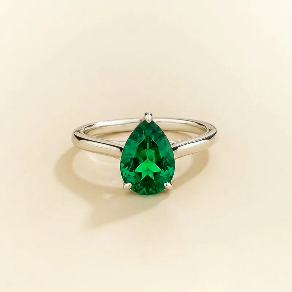Pandal Pear Shape Emerald Cathedral Solitaire Ring