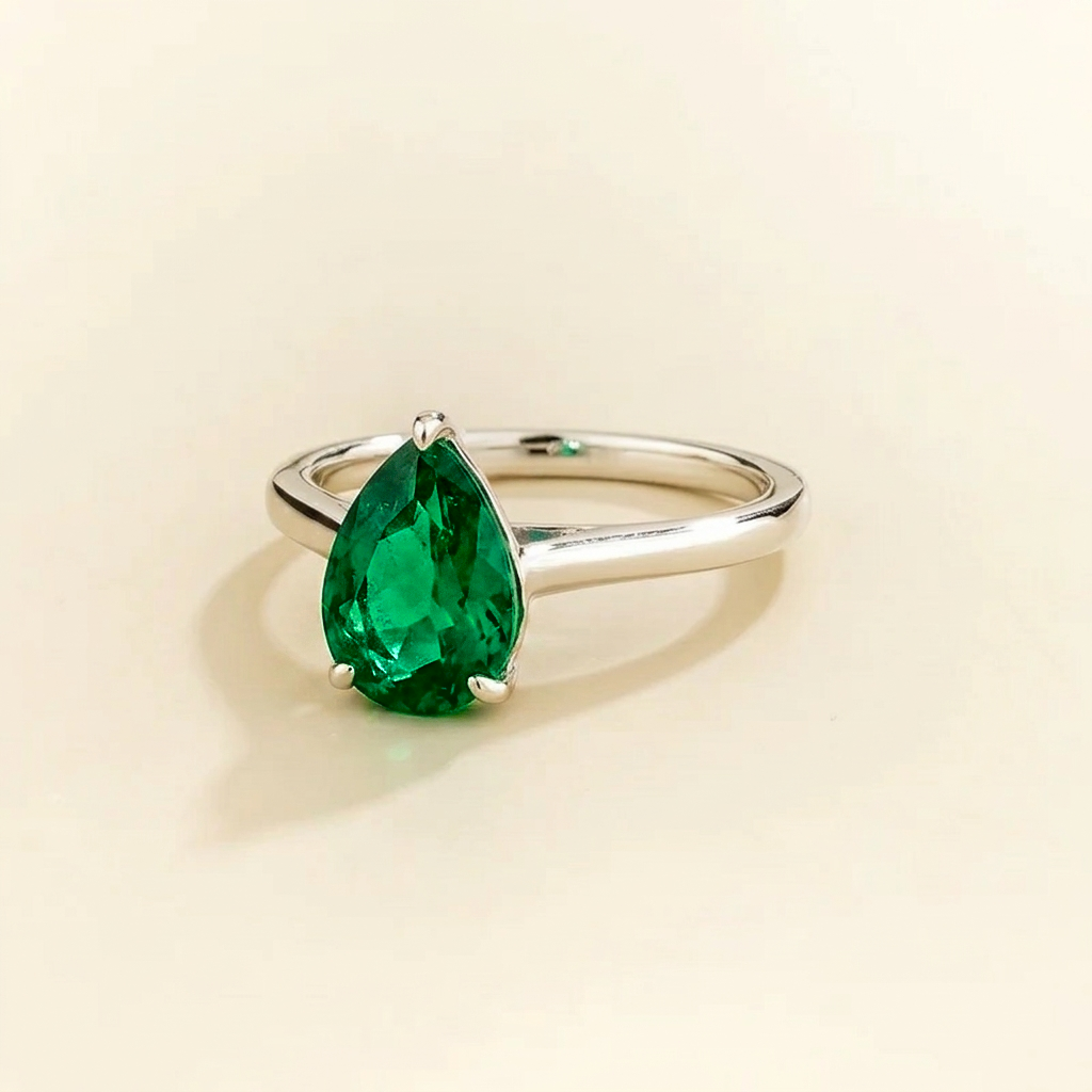 Pandal Pear Shape Emerald Cathedral Solitaire Ring