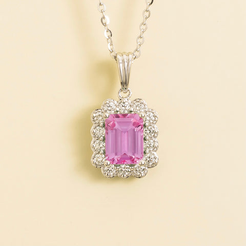 Verda Pink Sapphire Emerald-Cut and Diamond Halo Pendant Necklace in White Gold Verda Pink Sapphire Emerald-Cut and Diamond Halo Pendant Necklace in White Gold