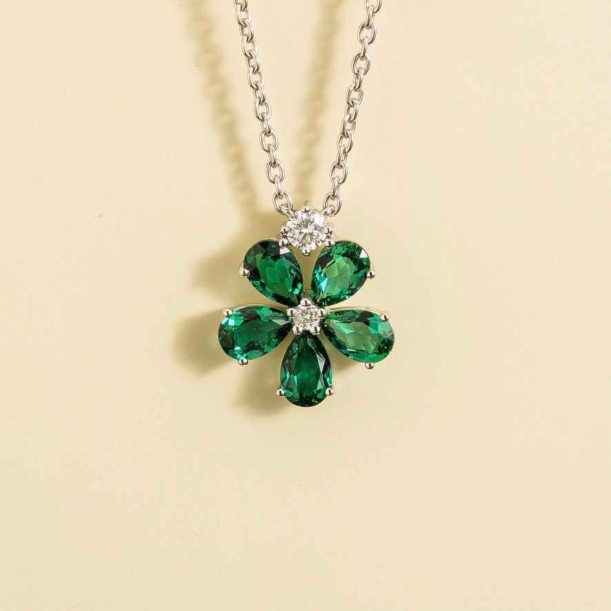 Florea Emerald & Diamond Flower Pendant Necklace in White Gold