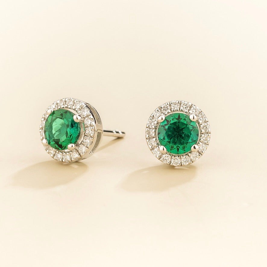 Mars Emerald Round & Diamond Halo Earrings In White Gold