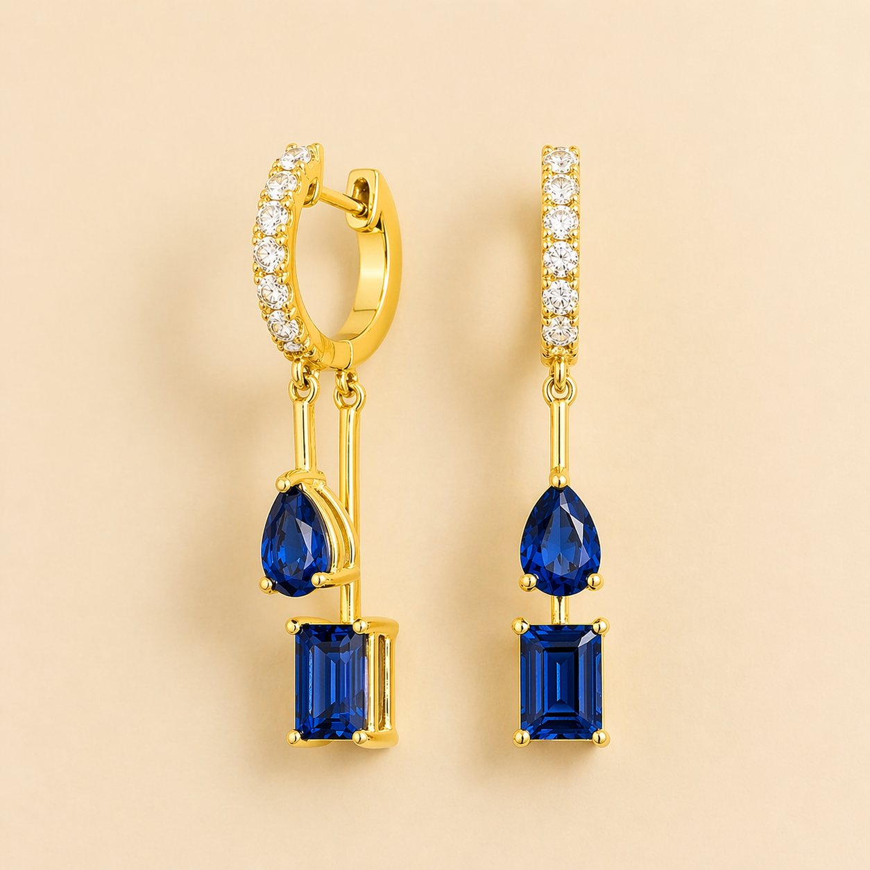 Faire Blue Sapphire & Diamond Pavé Drop Huggie Hoop Earrings in Gold