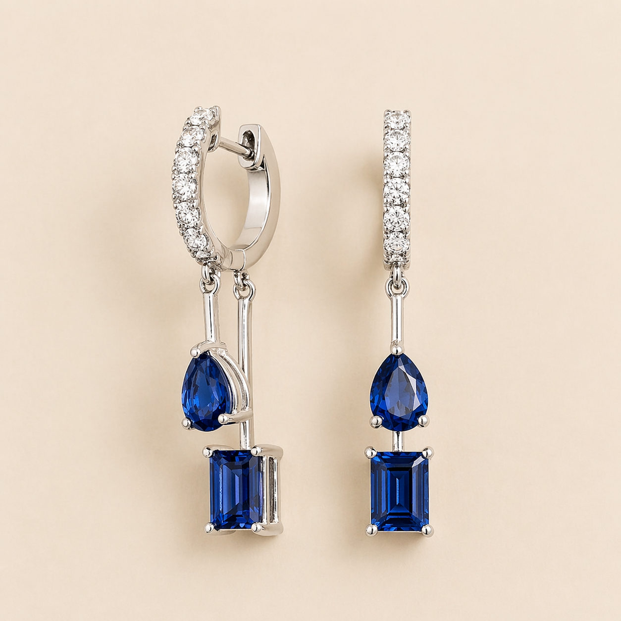 Faire Blue Sapphire & Diamond Pavé Drop Huggie Hoop Earrings in White Gold