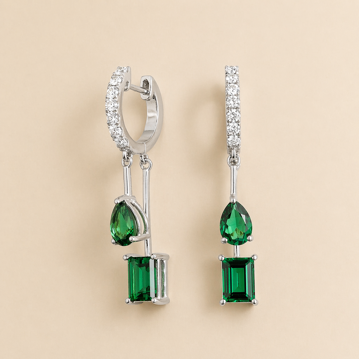 Faire Emerald & Diamond Pavé Drop Huggie Hoop Earrings in White Gold