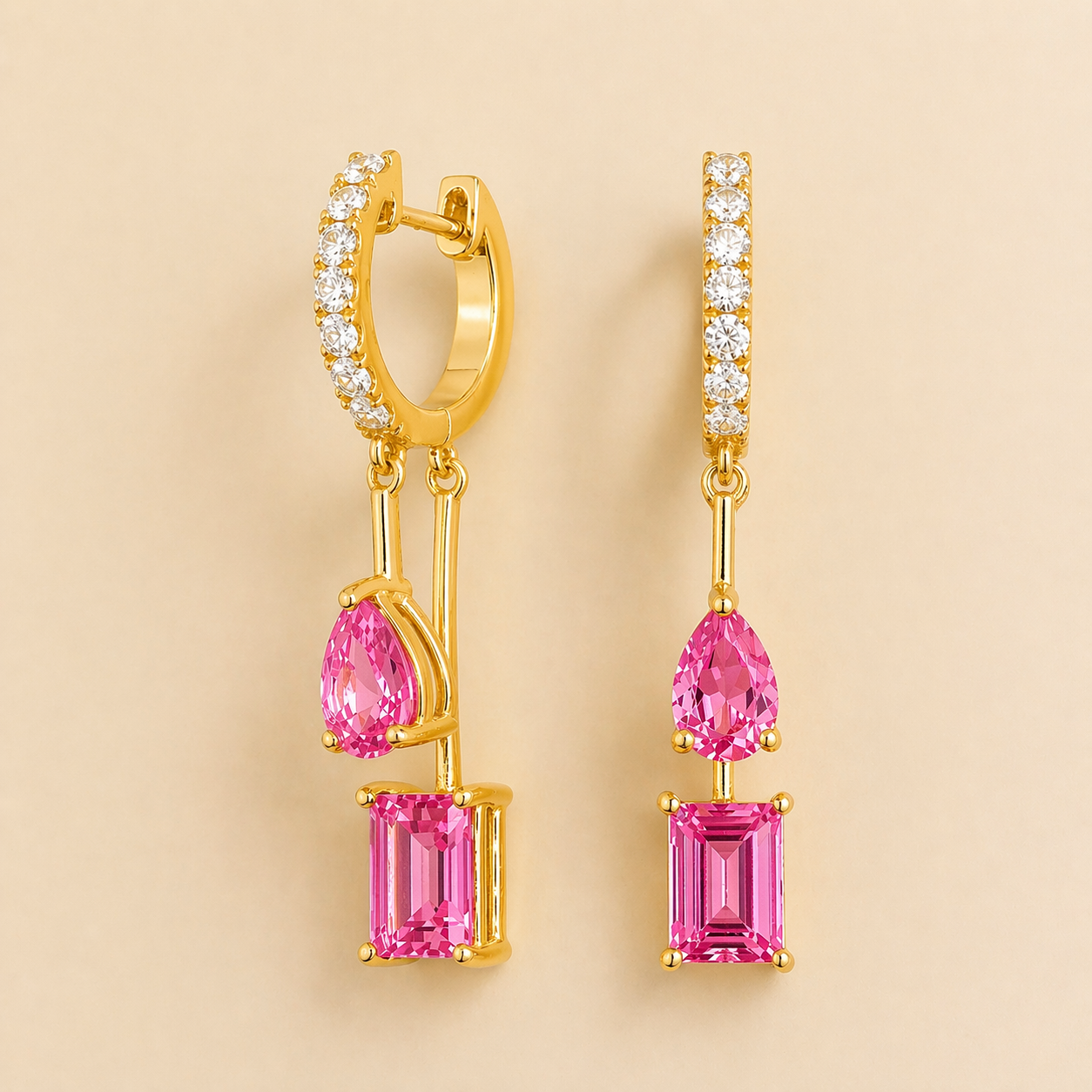 Faire Pink Sapphire & Diamond Pavé Drop Huggie Hoop Earrings in Gold