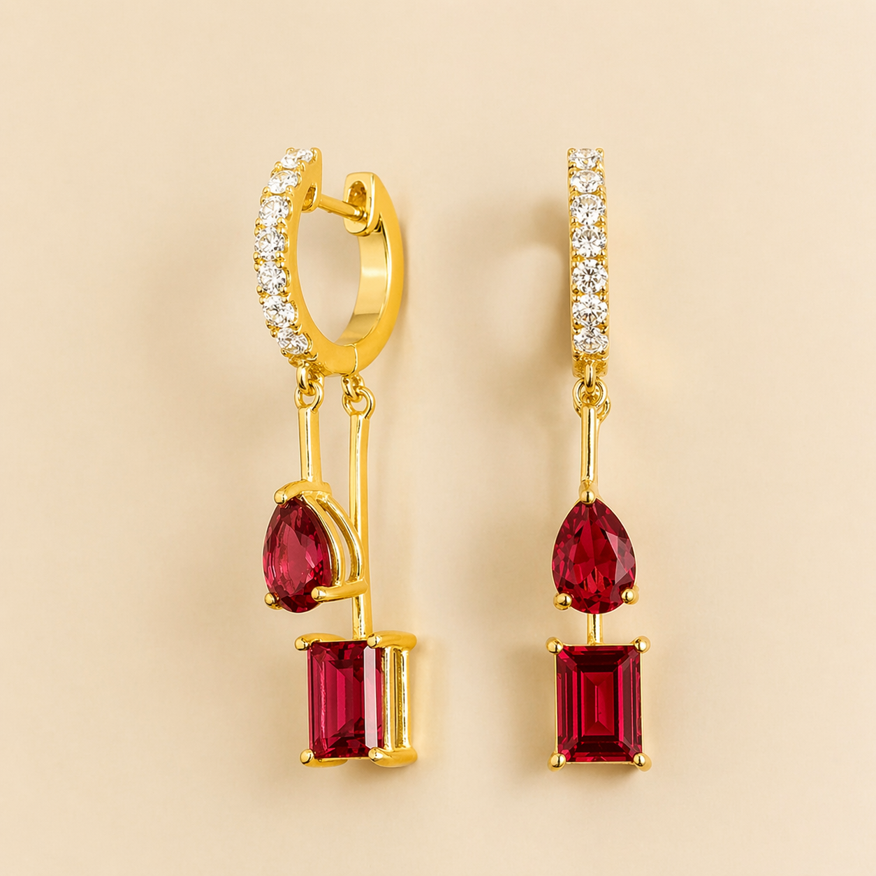 Faire Ruby & Diamond Pavé Drop Huggie Hoop Earrings in Gold