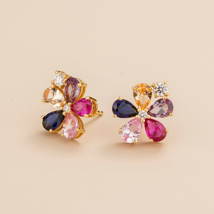 Florea flower floral earrings in 18K gold vermeil set with Diamonds, Blue sapphire, Pink sapphire and Champagne sapphire. Perfect for yourself and as gift.