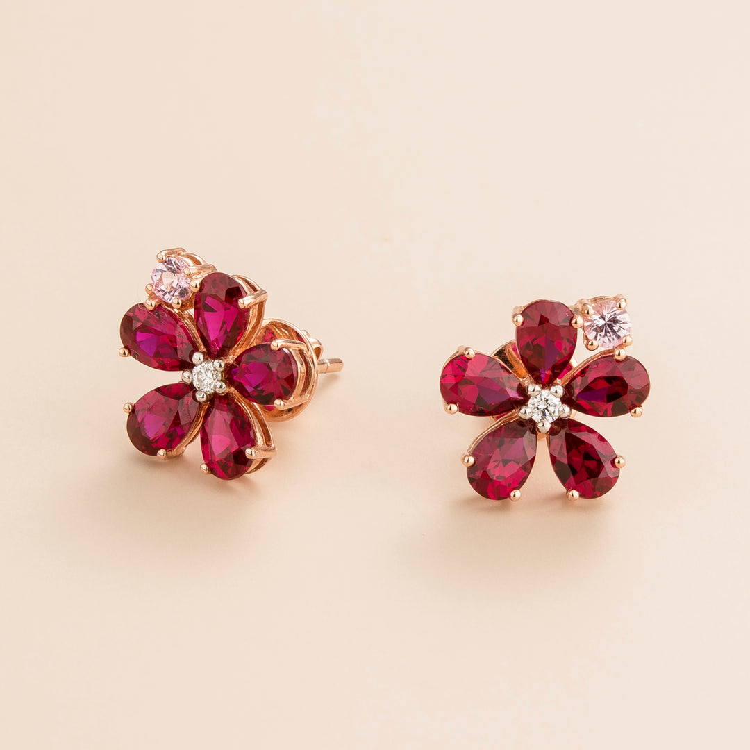Florea flower floral earrings in 18K pink gold vermeil set with lab grown diamond, ruby and pink sapphire.