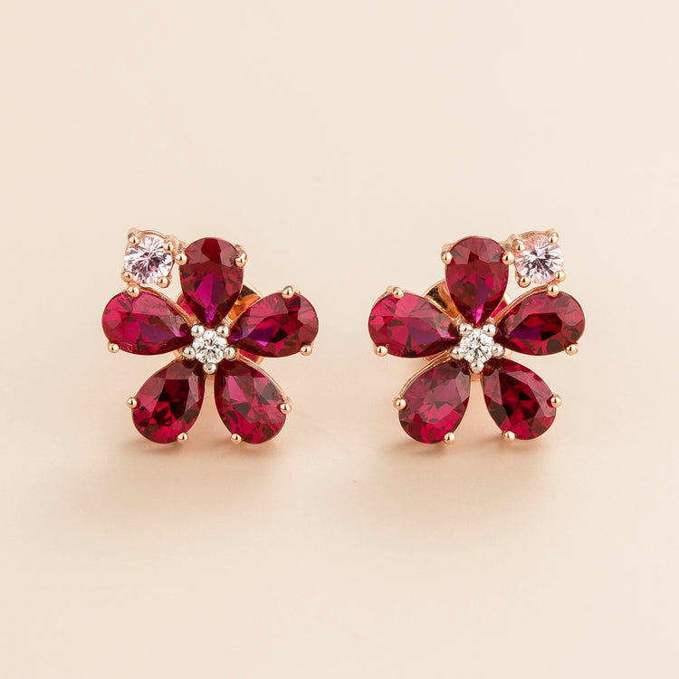 Florea flower floral earrings in 18K pink gold vermeil set with lab grown diamond, ruby and pink sapphire.