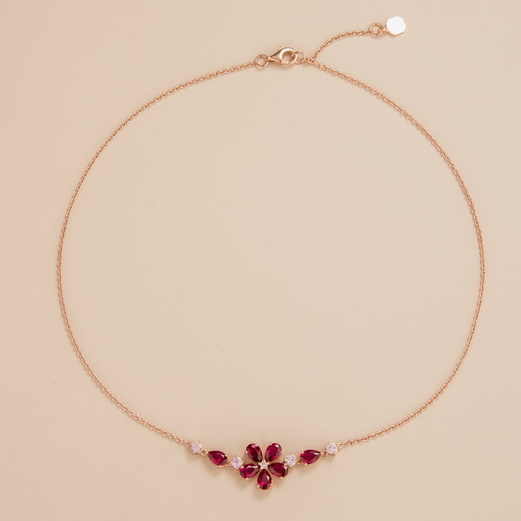 Florea floral flower necklace in 18K pink gold vermeil set with lab grown diamond, ruby and pink sapphire gem stone. Perfect for yourself and as gift.