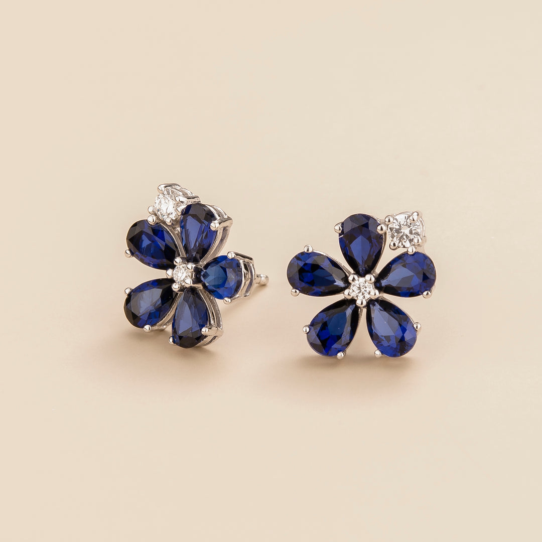 Florea flower floral earrings in 18K white gold vermeil set with lab grown diamond and blue sapphire. Perfect for yourself and as gift.