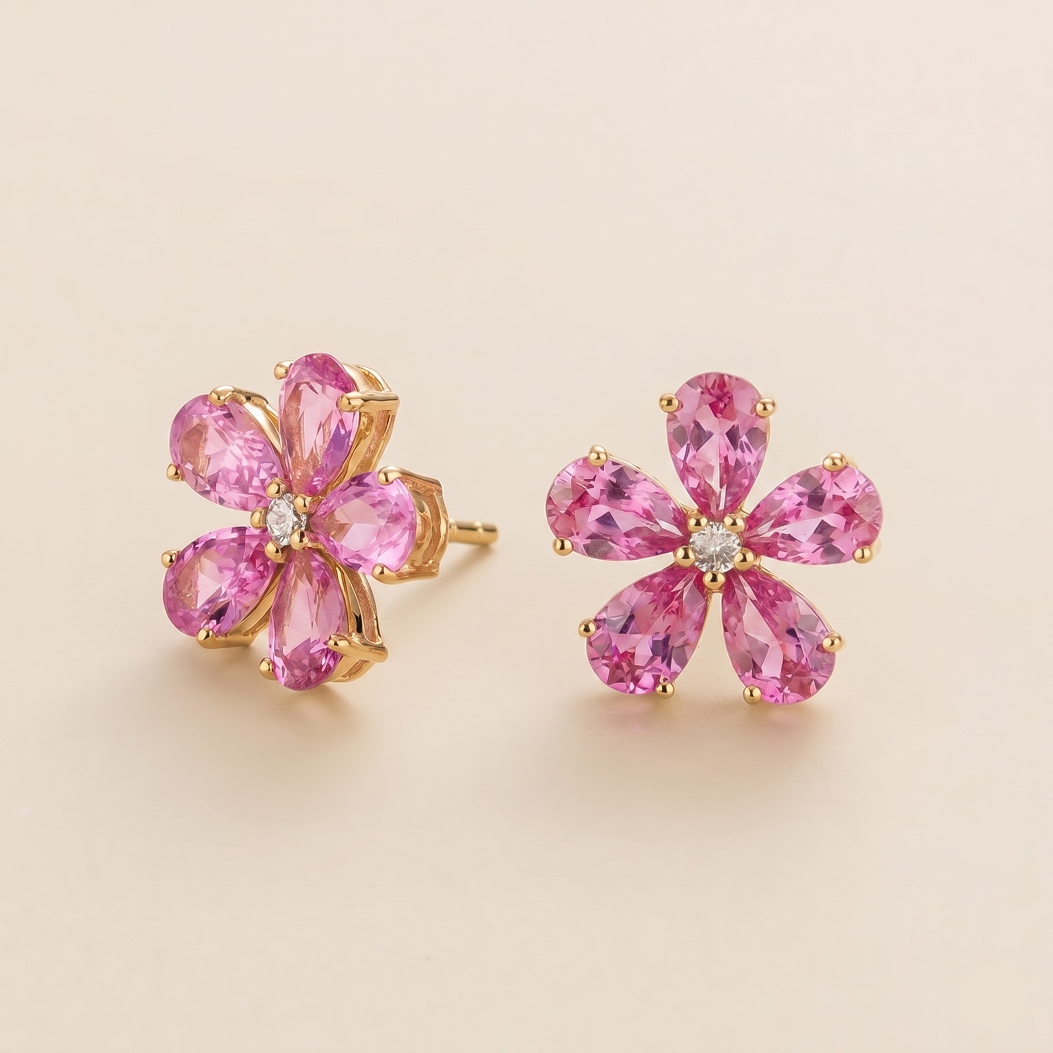Florea Pastel Pink Sapphire & Diamond Flower Stud Earrings in Gold
