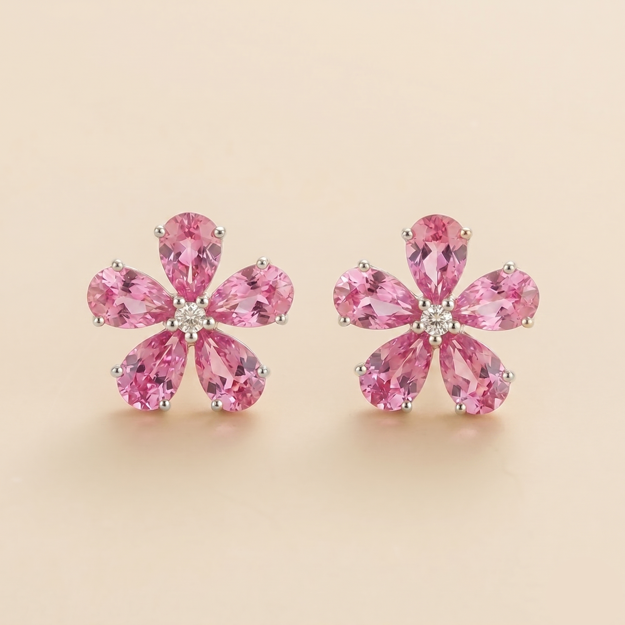Florea Pastel Pink Sapphire & Diamond Flower Stud Earrings in White Gold