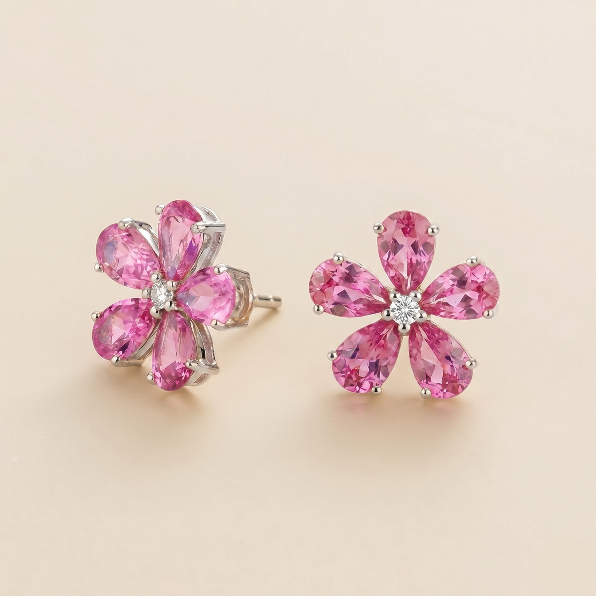Florea Pastel Pink Sapphire & Diamond Flower Stud Earrings in White Gold