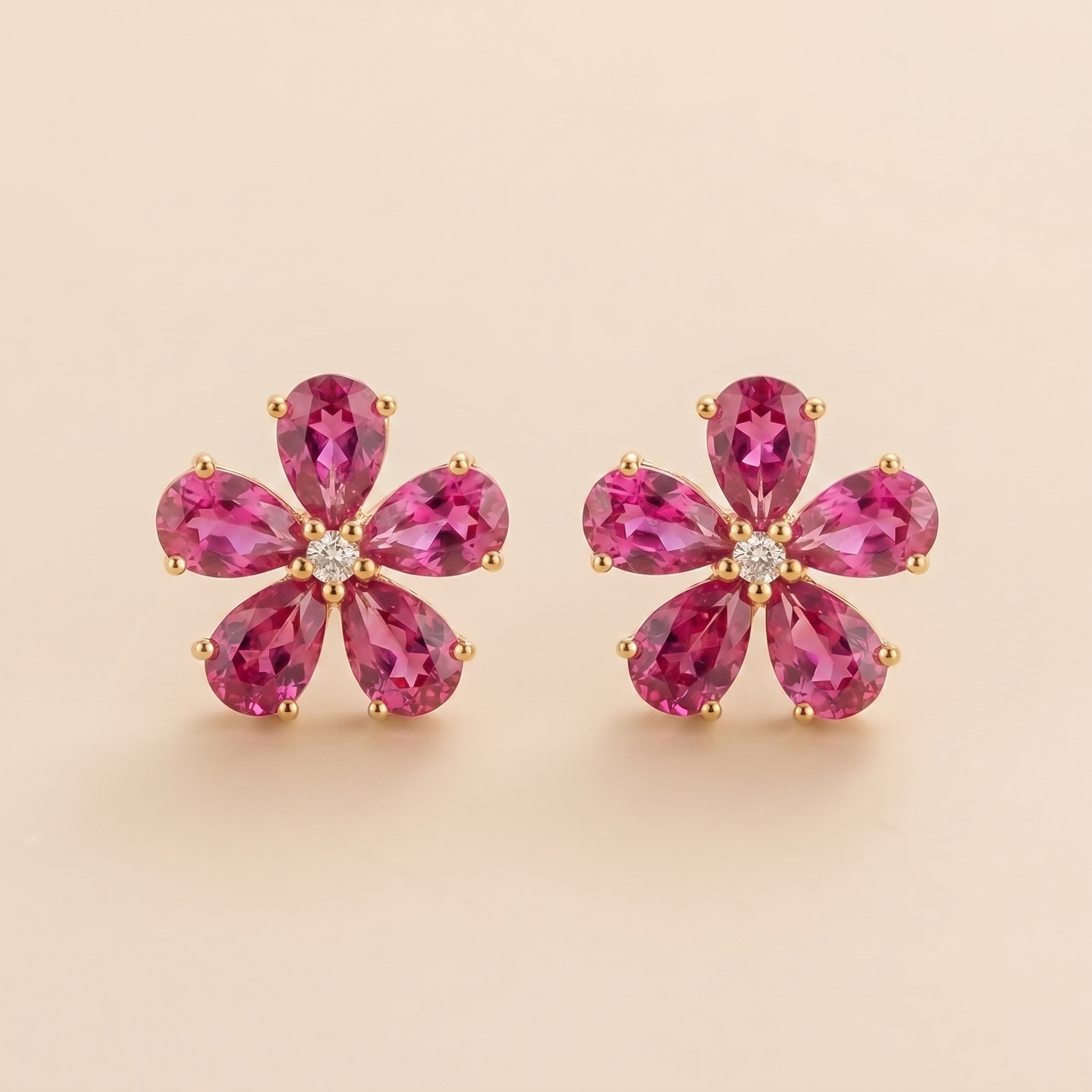 Florea Vivid Hot Pink Sapphire & Diamond Flower Stud Earrings in Gold