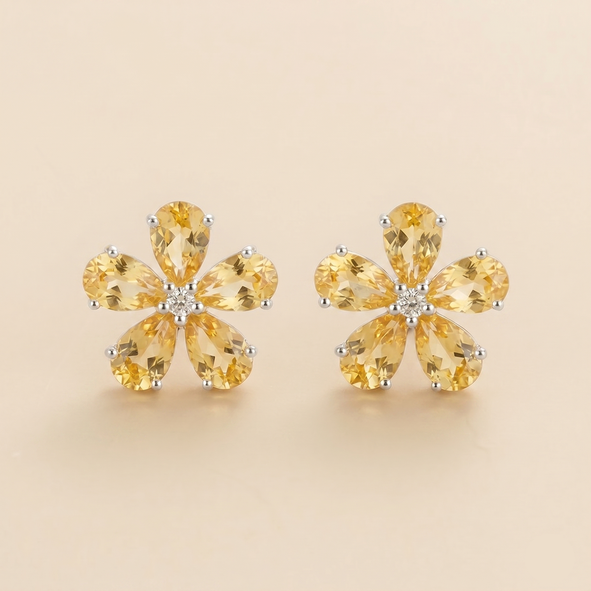 Florea Yellow Sapphire & Diamond Flower Stud Earrings in White Gold