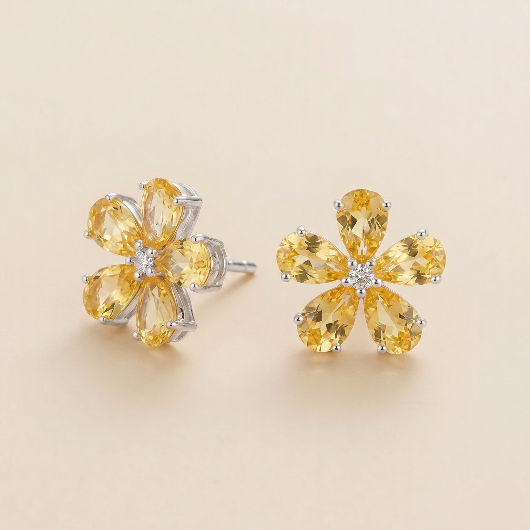 Florea Yellow Sapphire & Diamond Flower Stud Earrings in White Gold