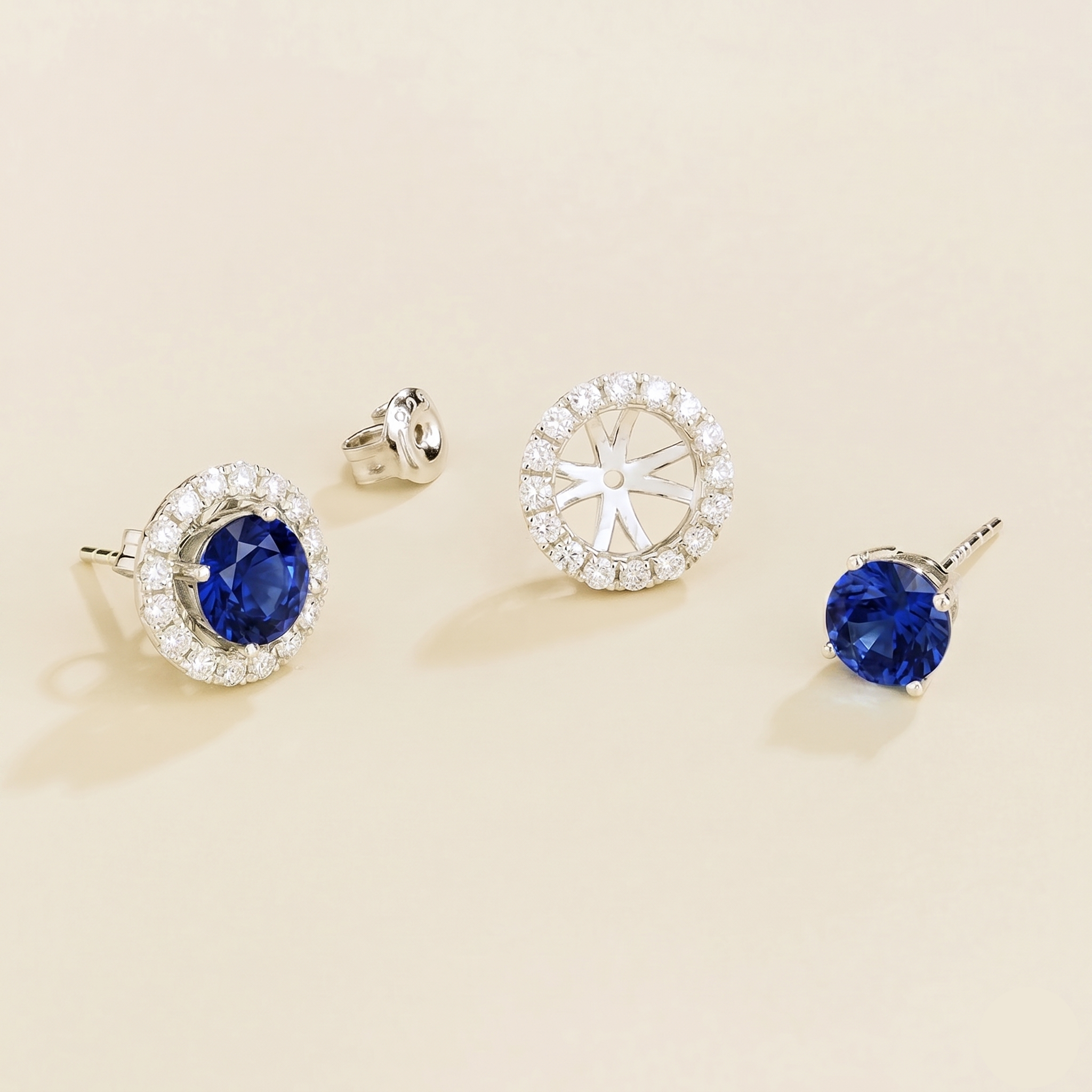 Floret Blue Sapphire Round & Diamond Halo Stud Earrings in White Gold