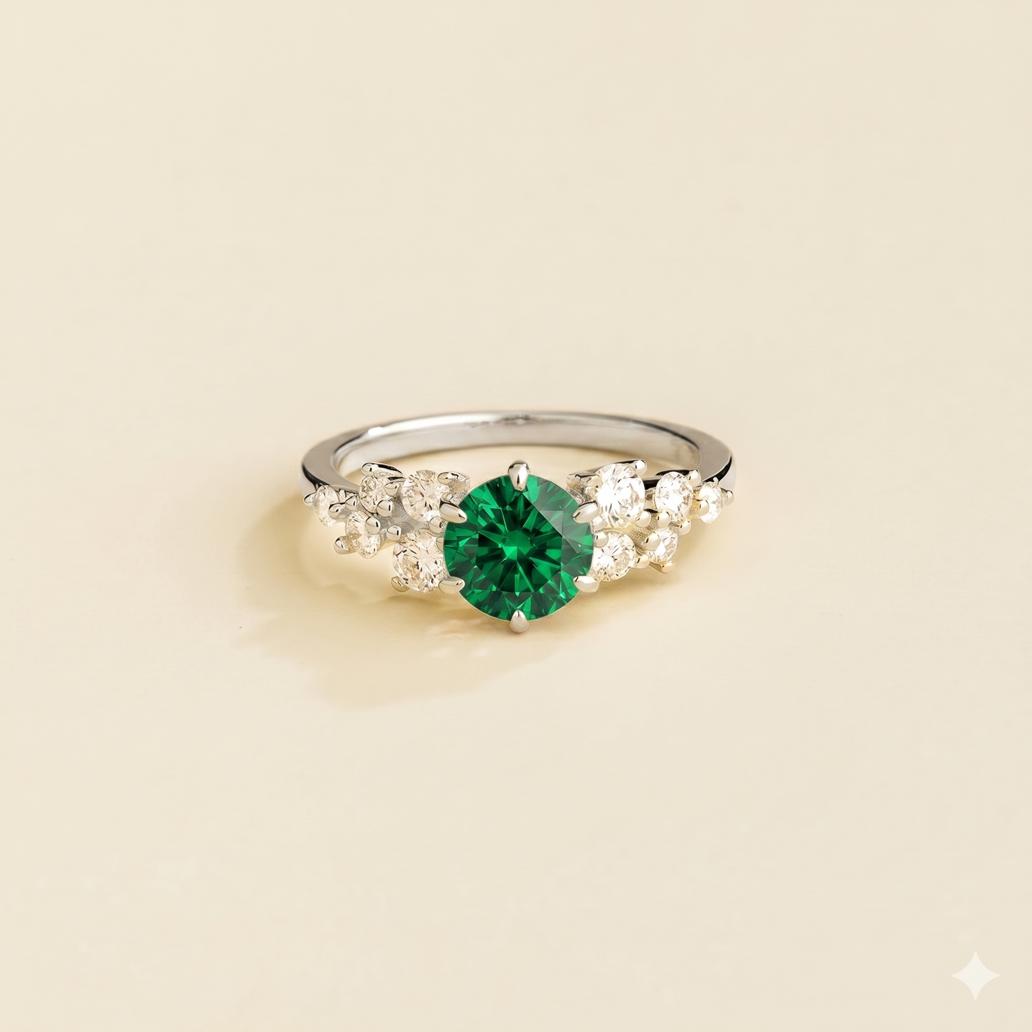 Floret Emerald Round & Diamond Cluster Ring in White Gold