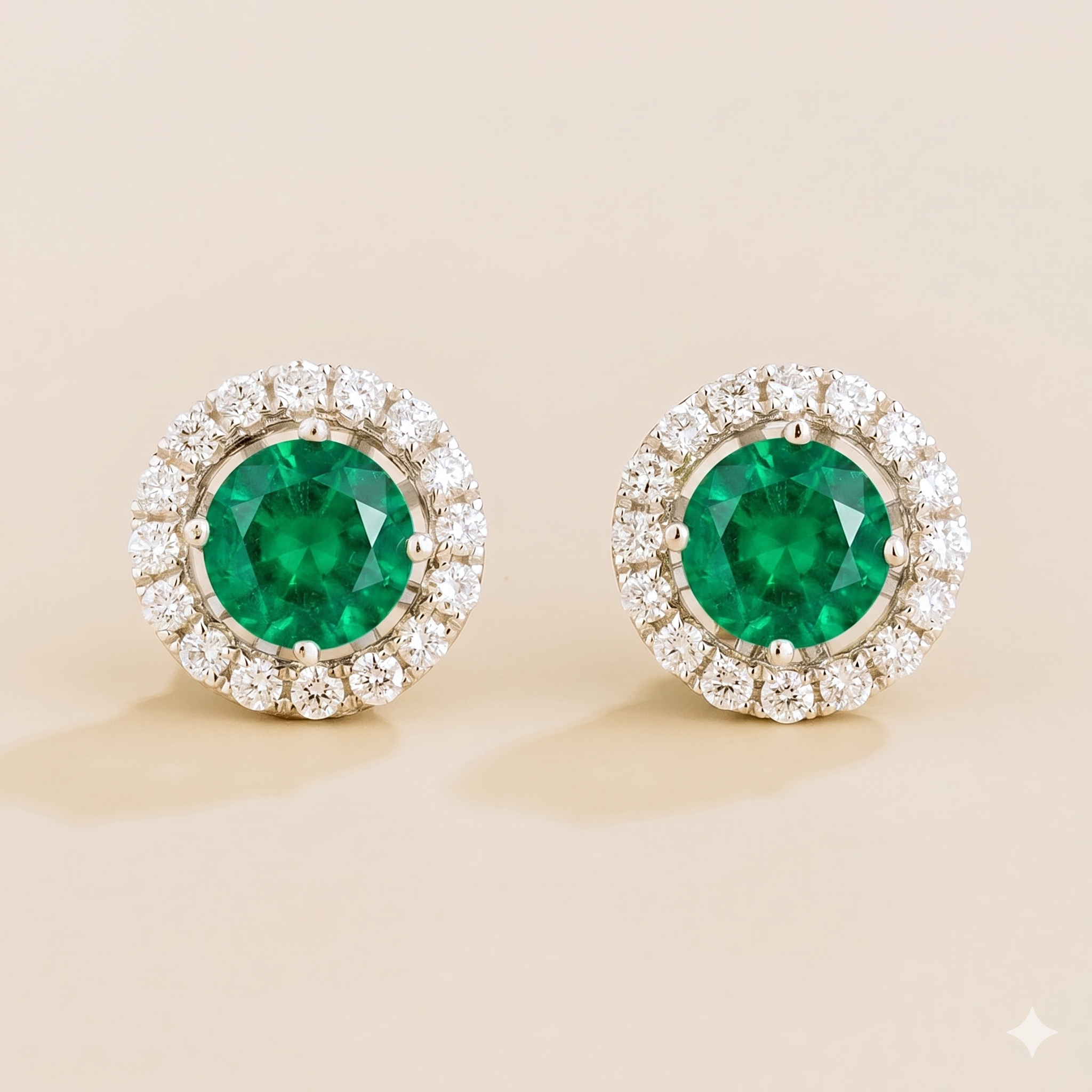 Floret Emerald Round & Diamond Halo Stud Earrings in White Gold