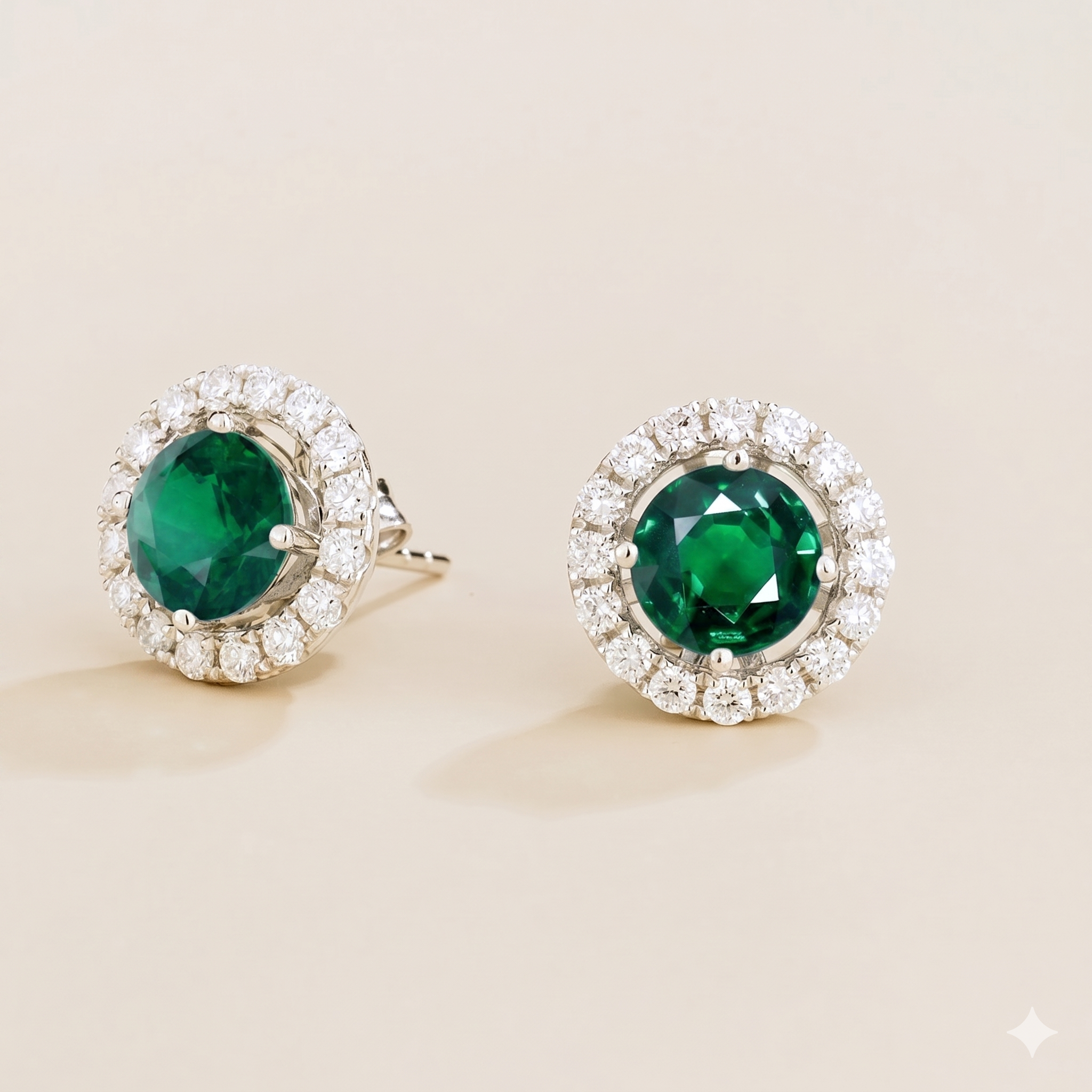 Floret Emerald Round & Diamond Halo Stud Earrings in White Gold