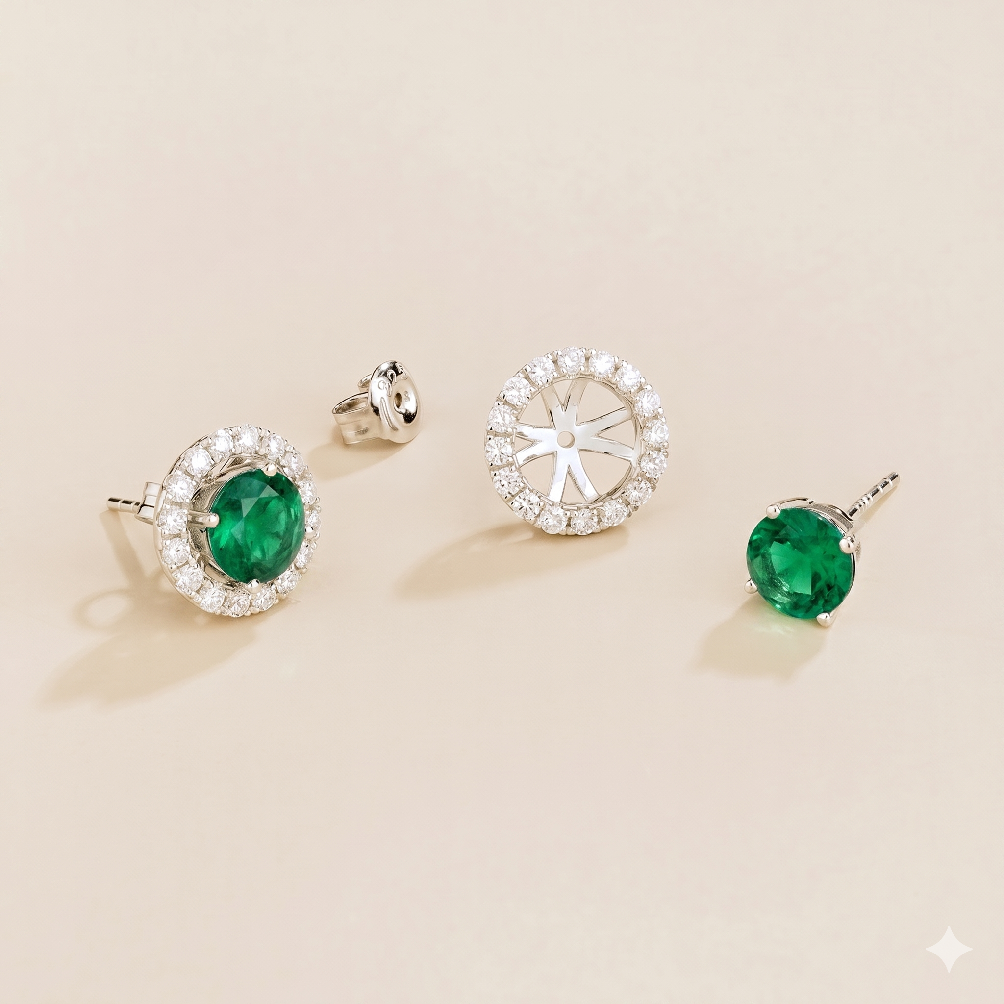 Floret Emerald Round & Diamond Halo Stud Earrings in White Gold