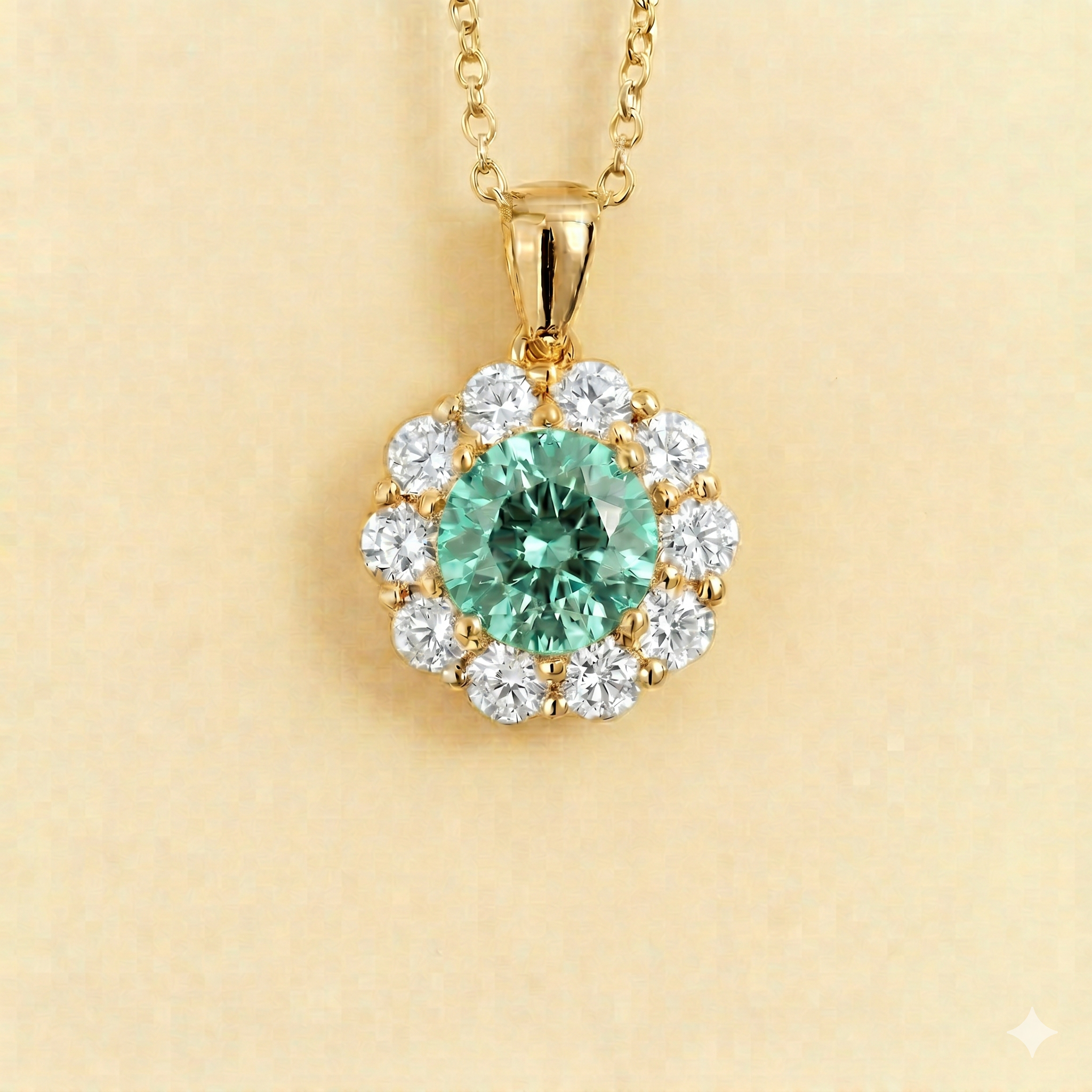 Floret Green Sapphire Round & Diamond Halo Pendant Necklace in Gold