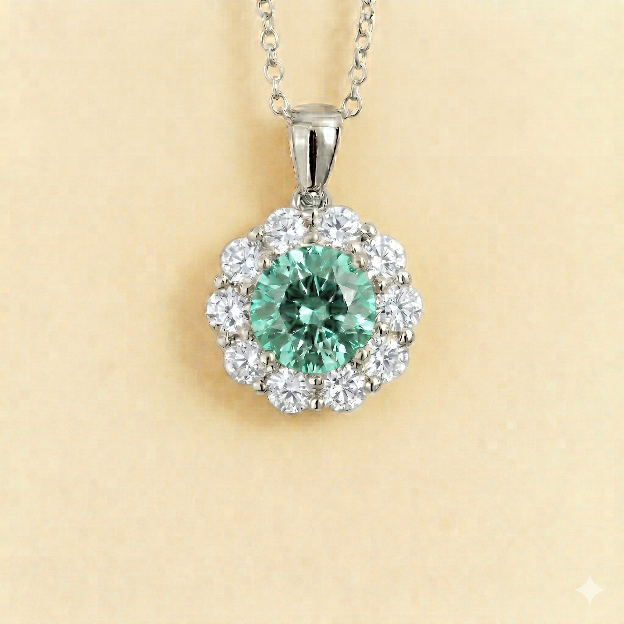 Floret Green Sapphire Round & Diamond Halo Pendant Necklace in White Gold