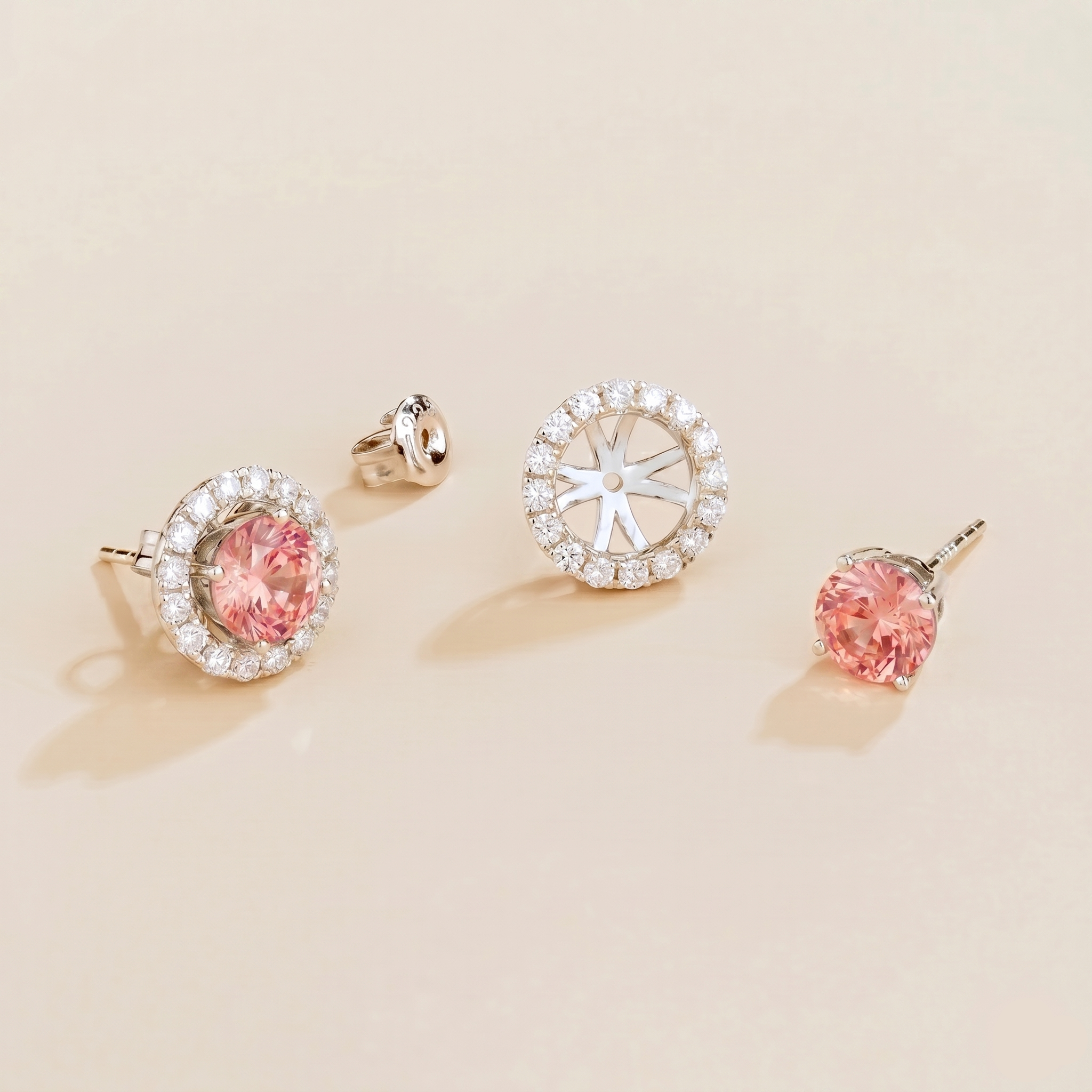 Floret Padparadscha Sapphire Round & Diamond Halo Stud Earrings in White Gold