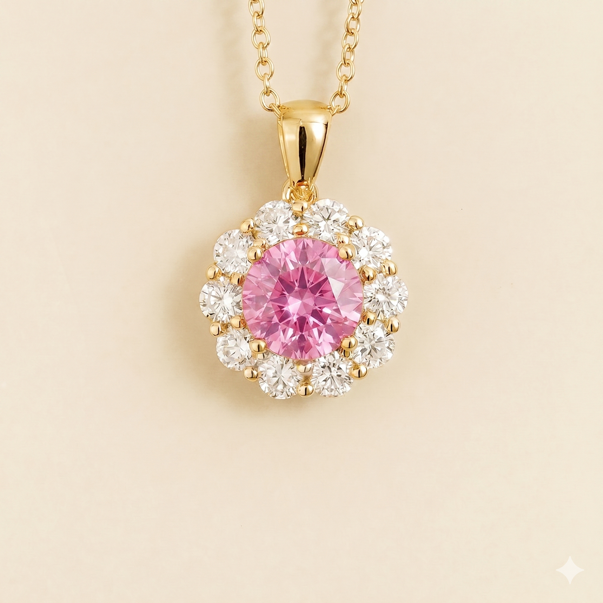 Floret Pastel Pink Sapphire Round & Diamond Halo Pendant Necklace in Gold