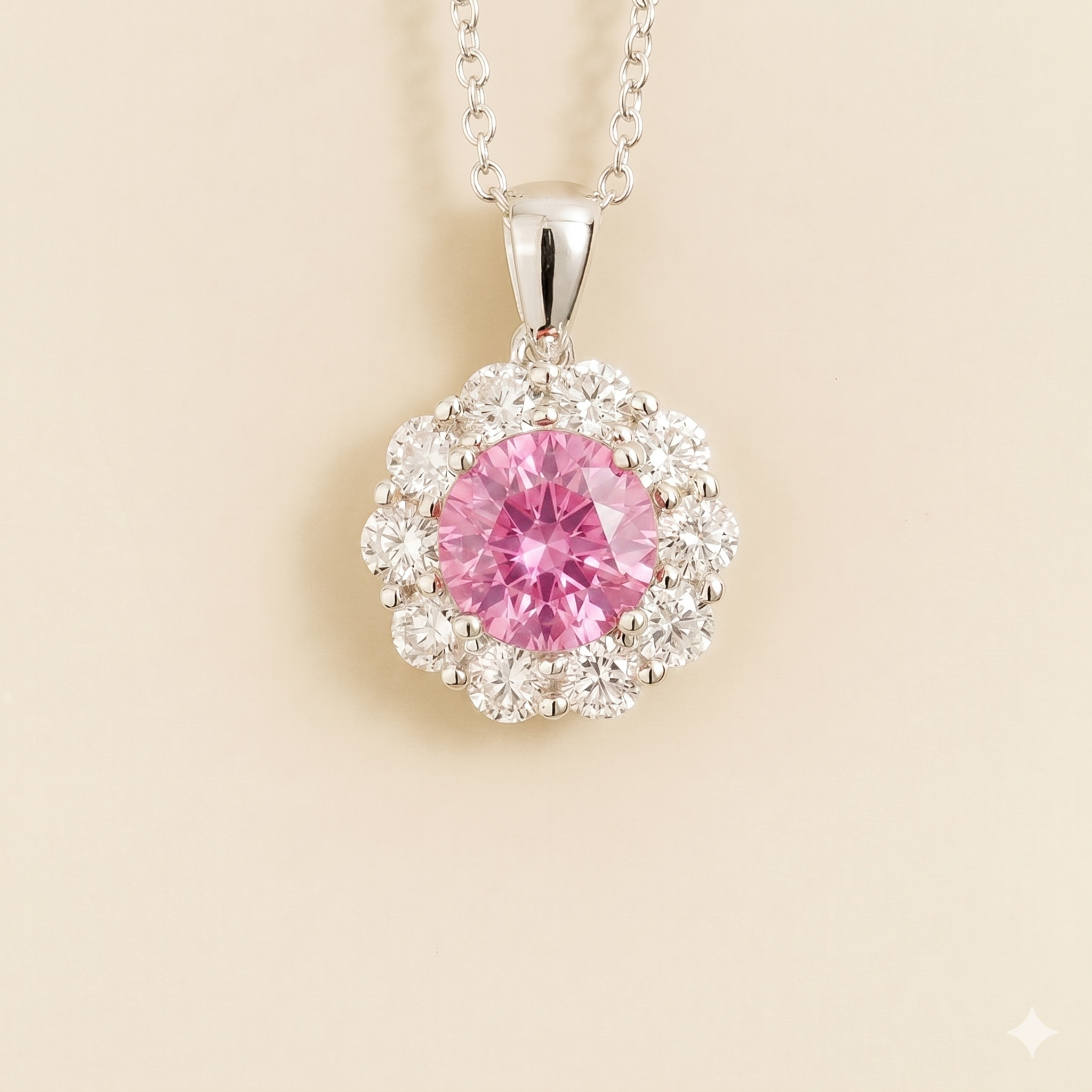 Floret Pastel Pink Sapphire Round & Diamond Halo Pendant Necklace in White Gold
