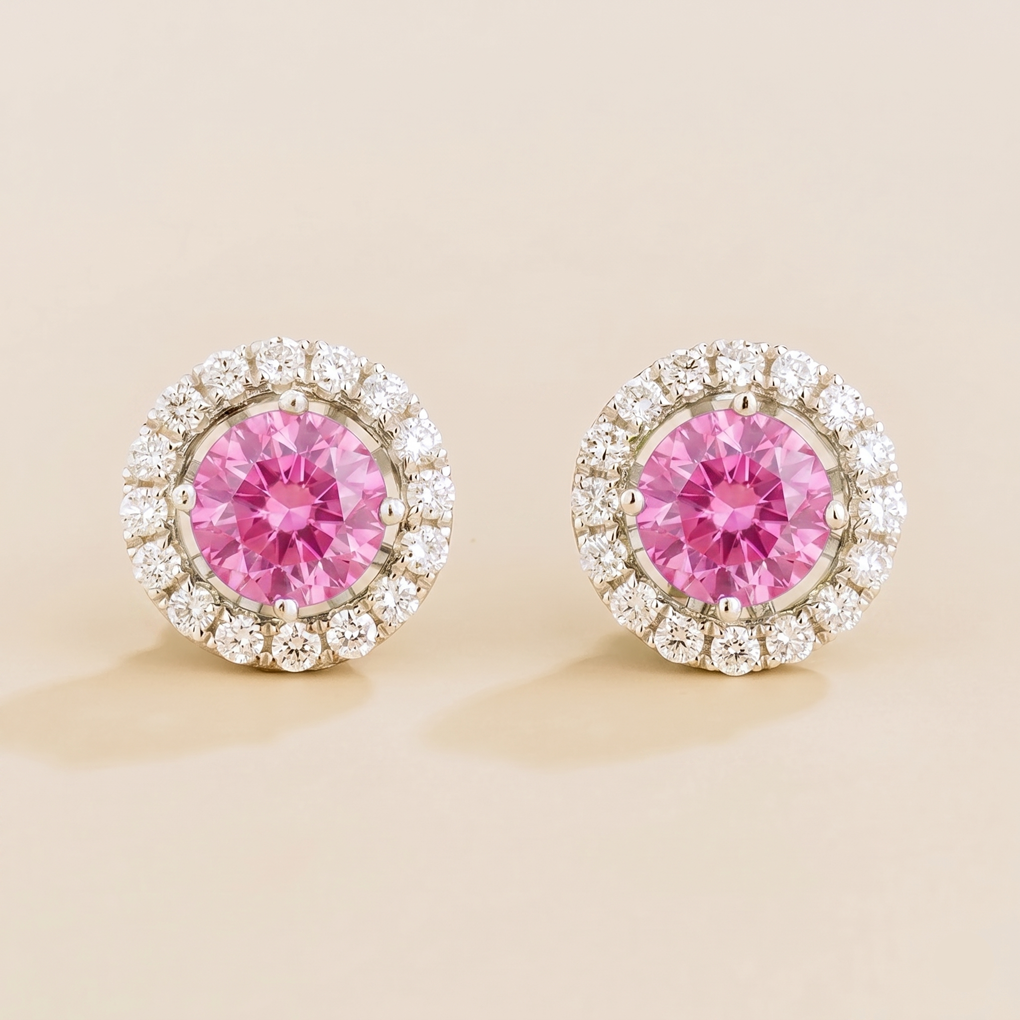 Floret Pastel Pink Sapphire Round & Diamond Halo Stud Earrings in White Gold