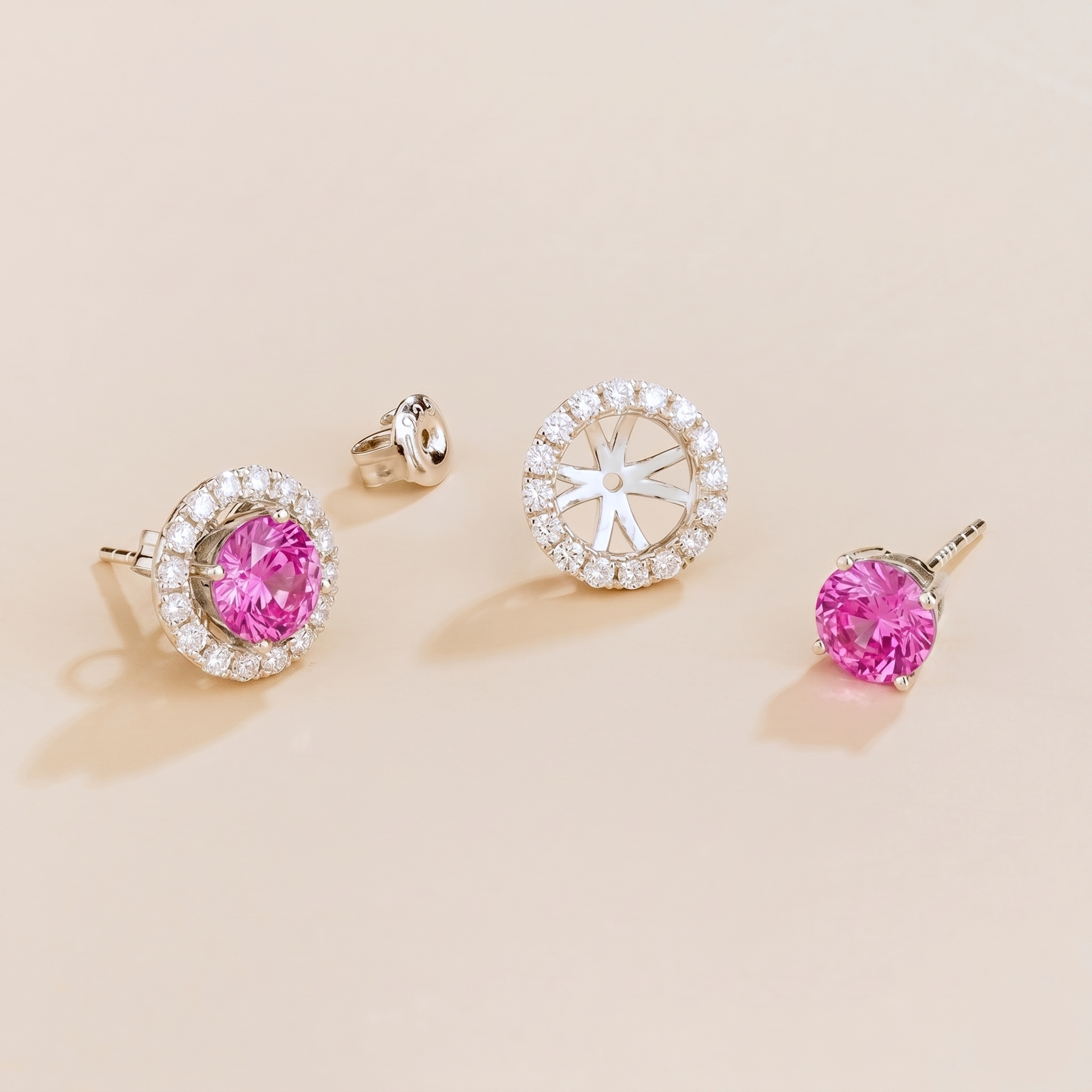 Floret Pastel Pink Sapphire Round & Diamond Halo Stud Earrings in White Gold