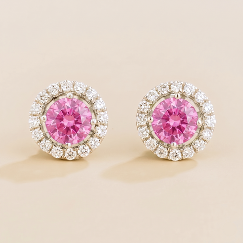 Floret Pastel Pink Sapphire Round and Diamond Halo Stud Earrings in White Gold Floret Pastel Pink Sapphire Round and Diamond Halo Stud Earrings in White Gold
