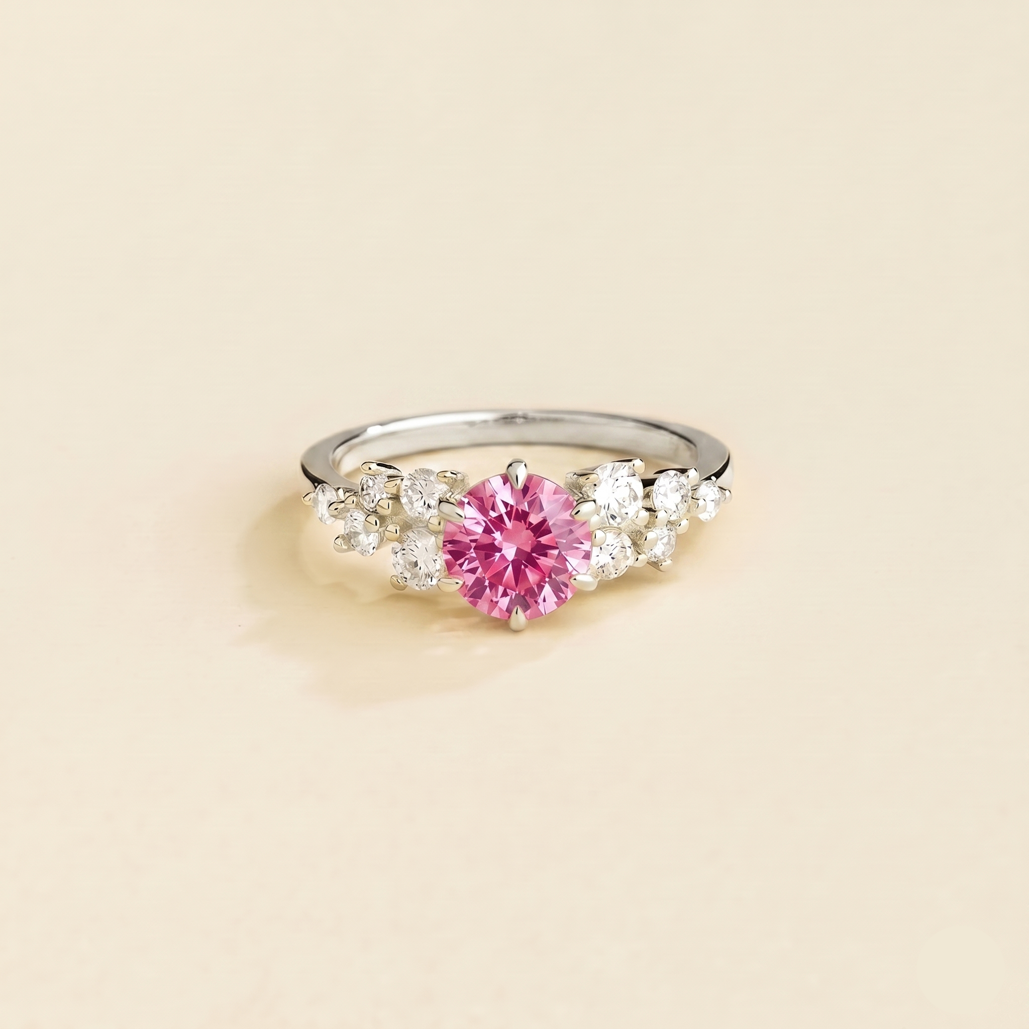 Floret Pink Sapphire Round & Diamond Cluster Ring in White Gold