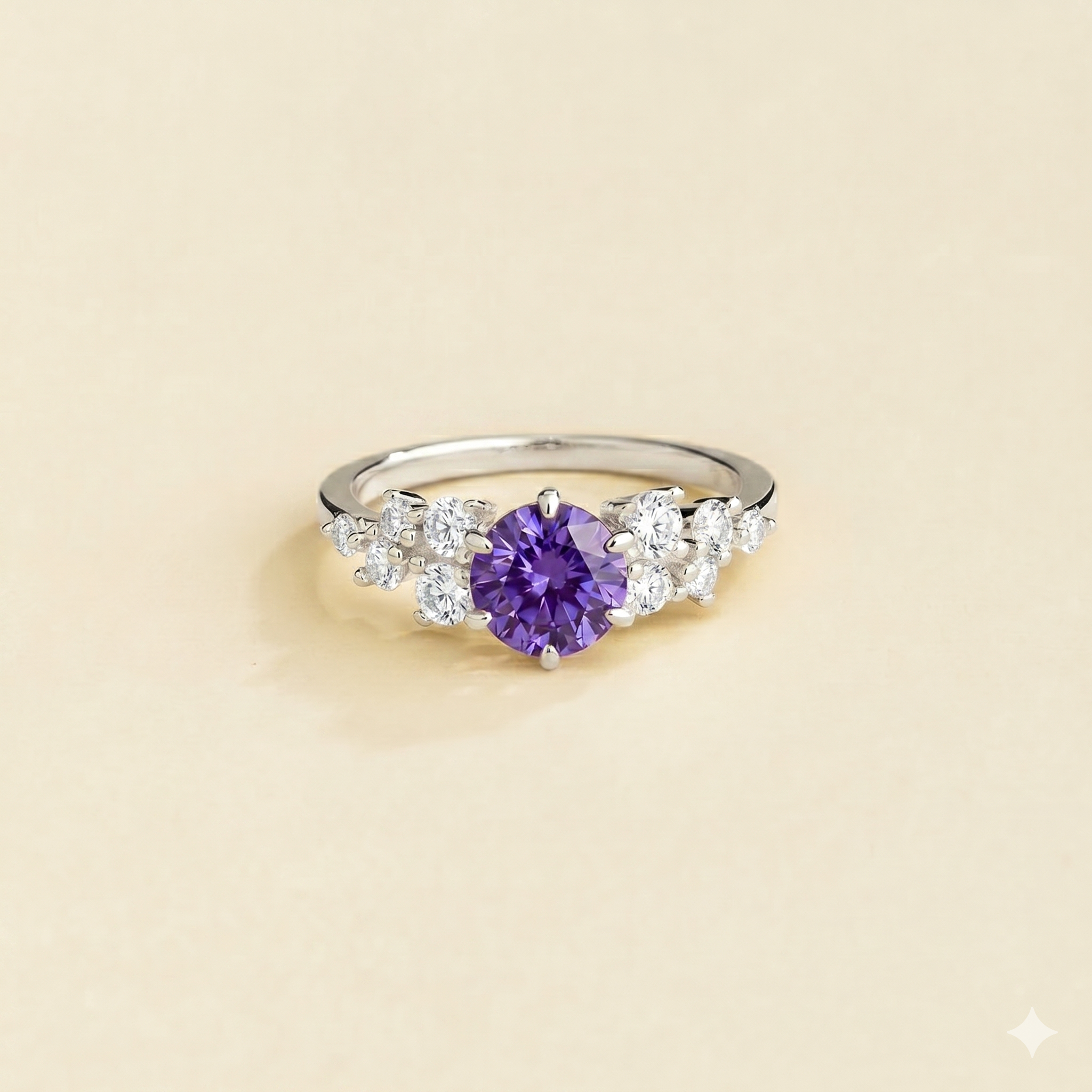 Floret Purple Sapphire Round & Diamond Cluster Ring in White Gold