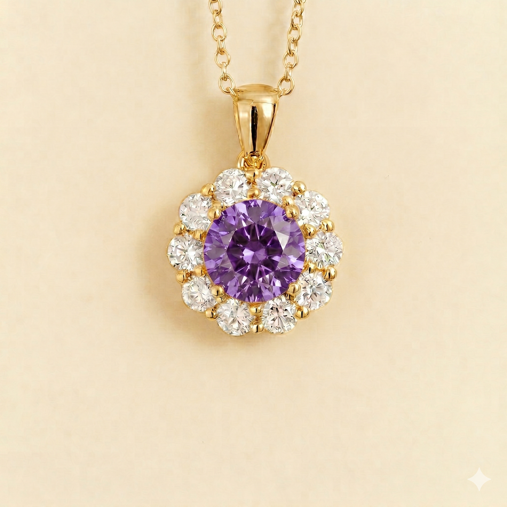 Floret Purple Sapphire Round & Diamond Halo Pendant Necklace in Gold