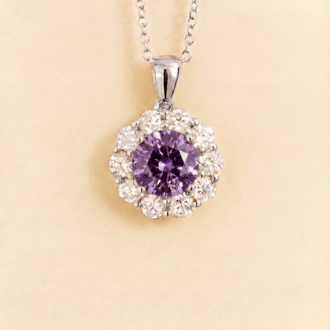 Floret Purple Sapphire Round and Diamond Halo Pendant Necklace in White Gold Floret Purple Sapphire Round and Diamond Halo Pendant Necklace in White Gold Floret Purple Sapphire Round and Diamond Halo Pendant Necklace in White Gold Floret Purple Sapphire Round and Diamond Halo Pendant Necklace in White Gold
