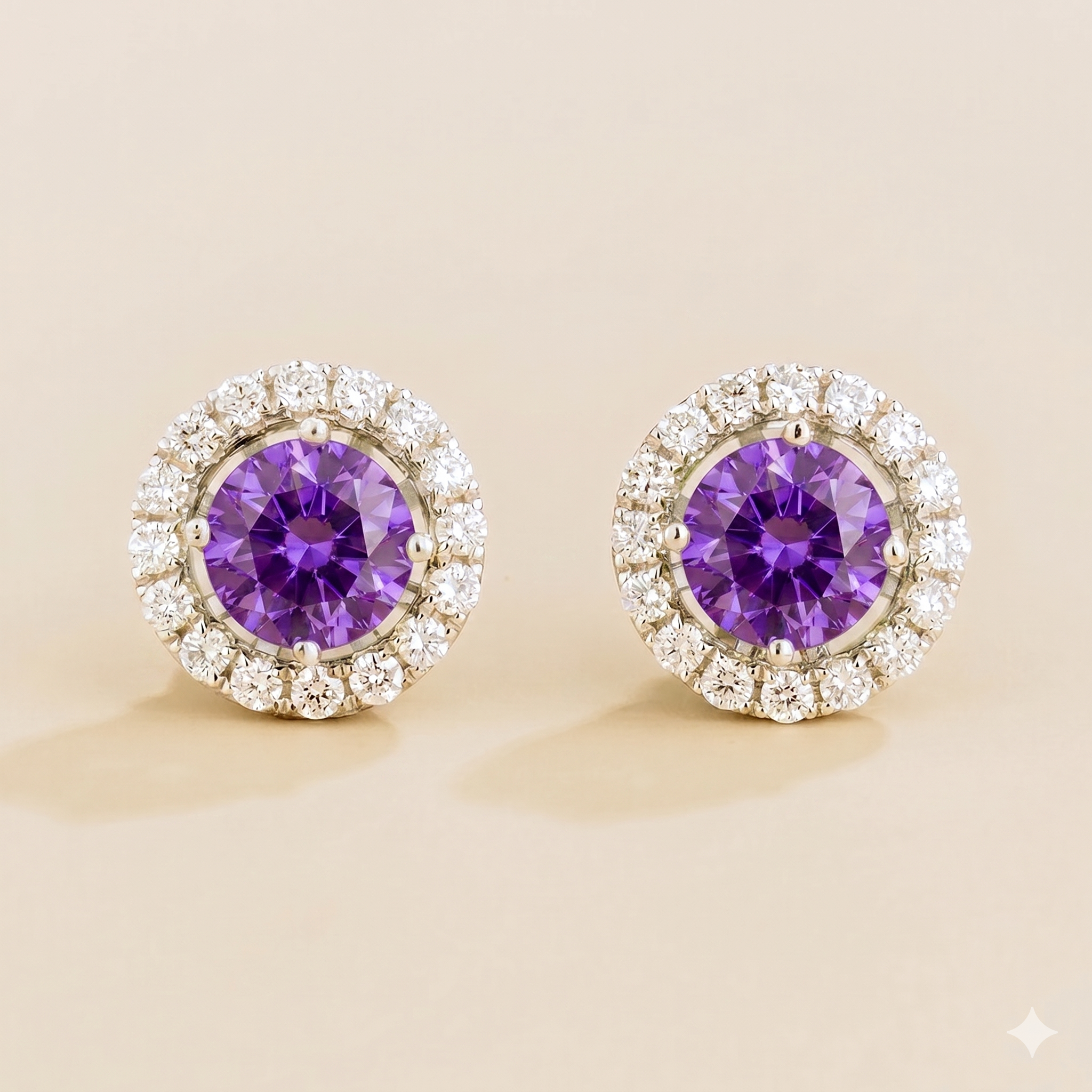 Floret Purple Sapphire Round & Diamond Halo Stud Earrings in White Gold
