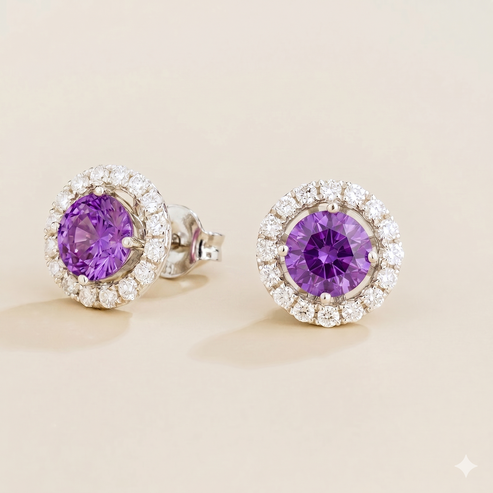 Floret Purple Sapphire Round & Diamond Halo Stud Earrings in White Gold