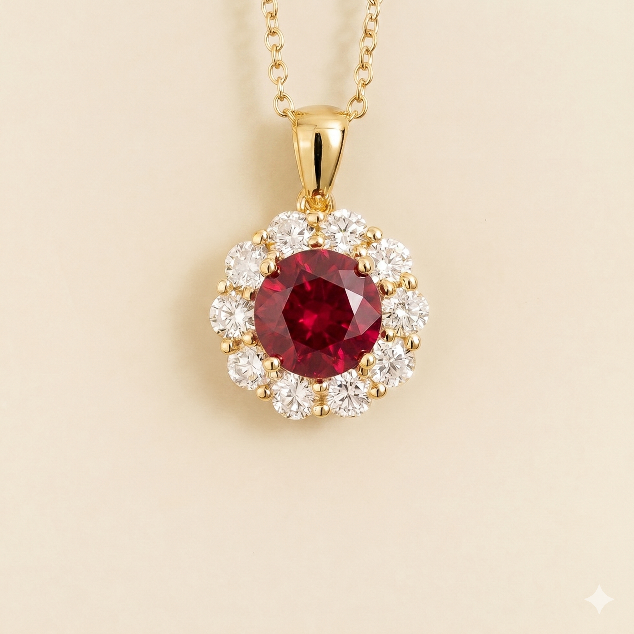 Floret Ruby Round & Diamond Halo Pendant Necklace in Gold