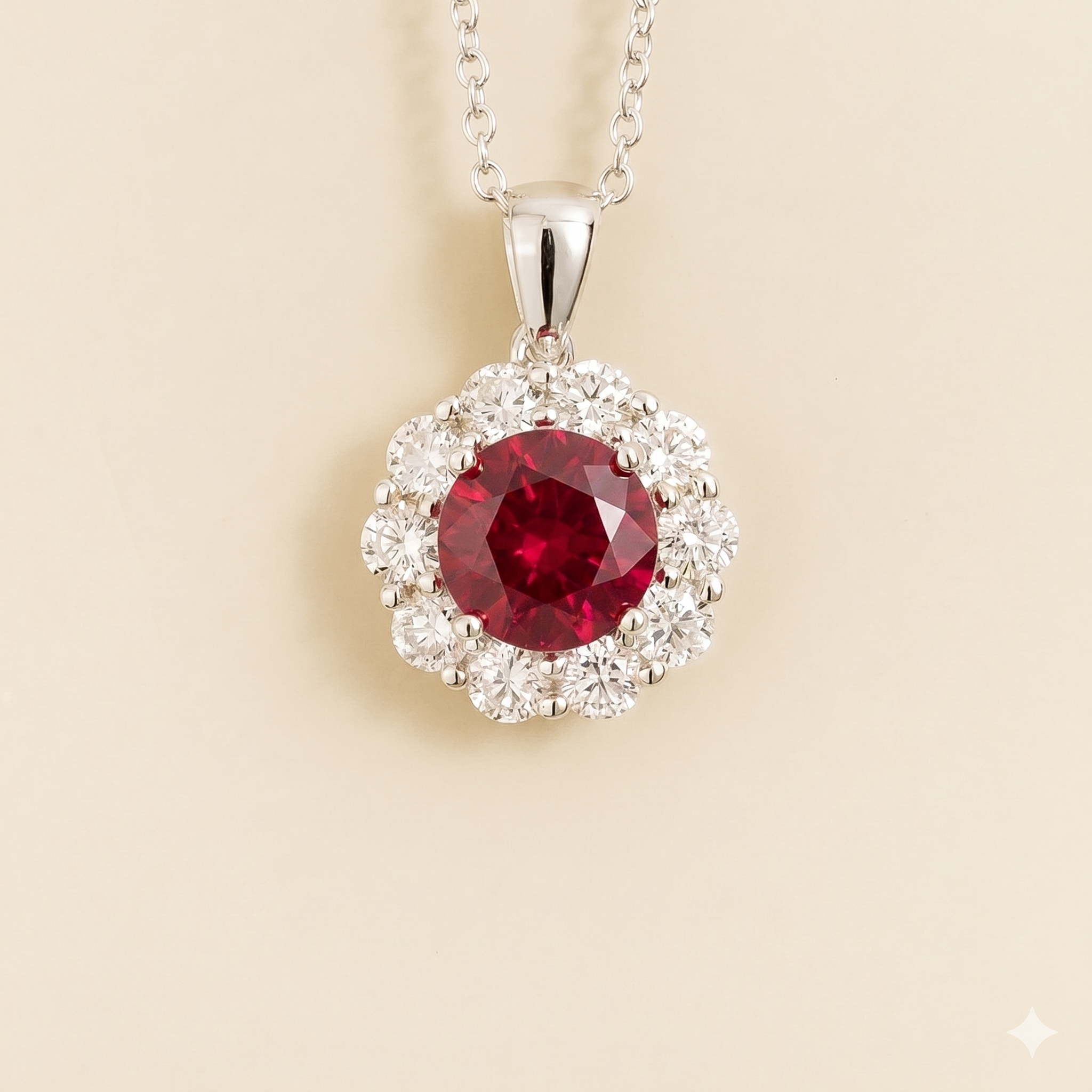 Floret Ruby Round & Diamond Halo Pendant Necklace in White Gold