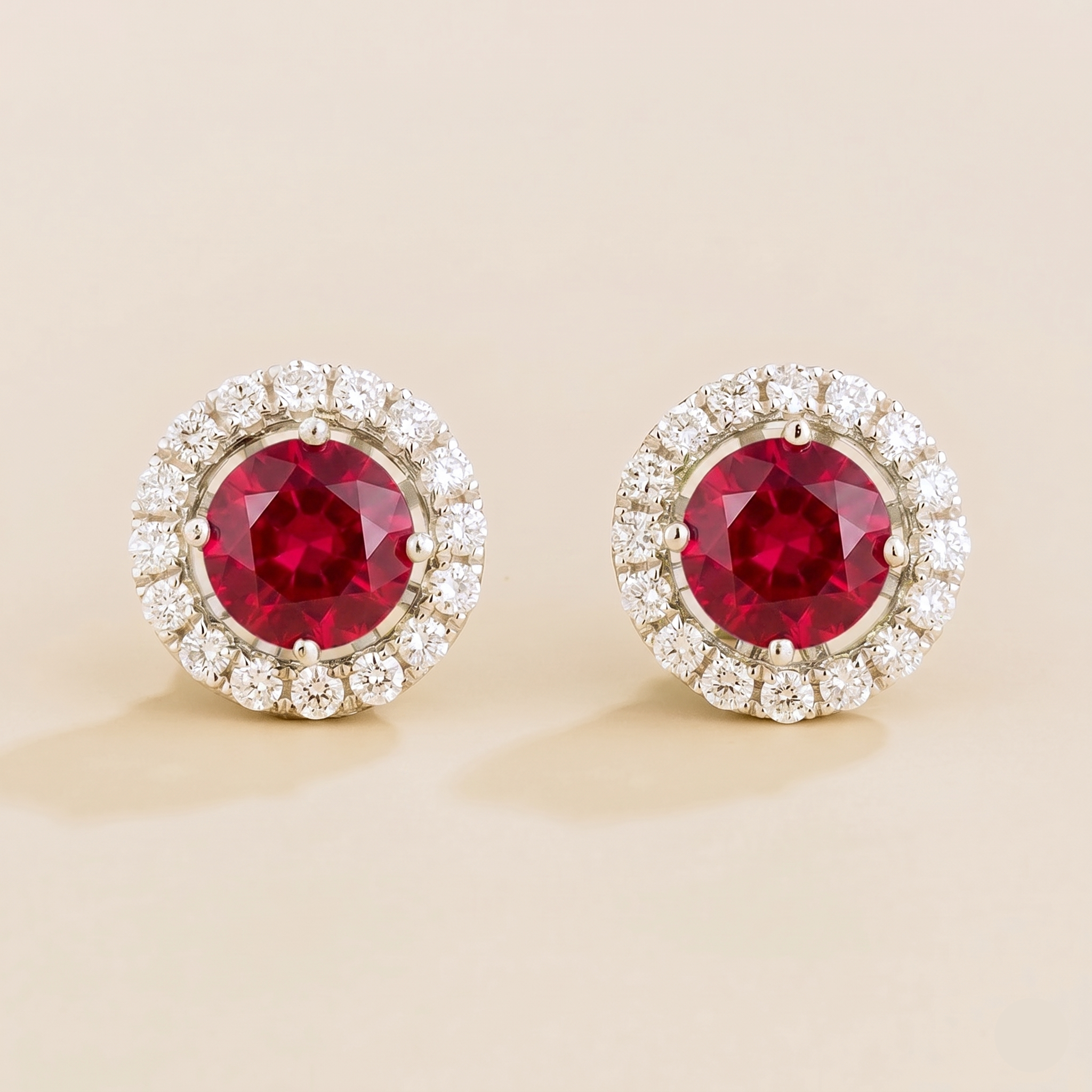 Floret Ruby Round & Diamond Halo Stud Earrings in White Gold