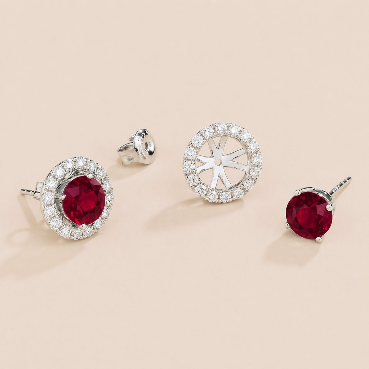 Floret Ruby Round & Diamond Halo Stud Earrings in White Gold