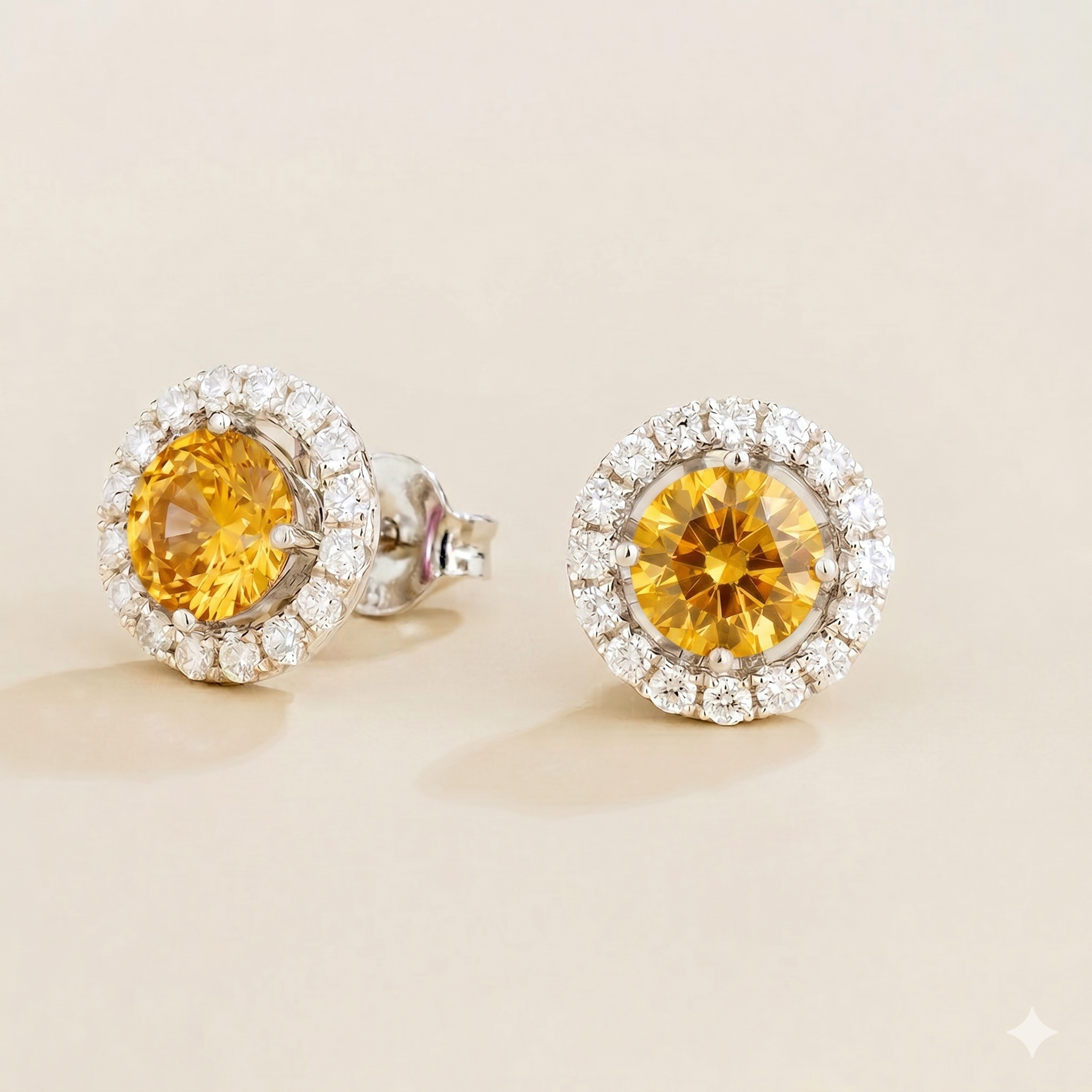 Floret Yellow Sapphire Round & Diamond Halo Stud Earrings in White Gold