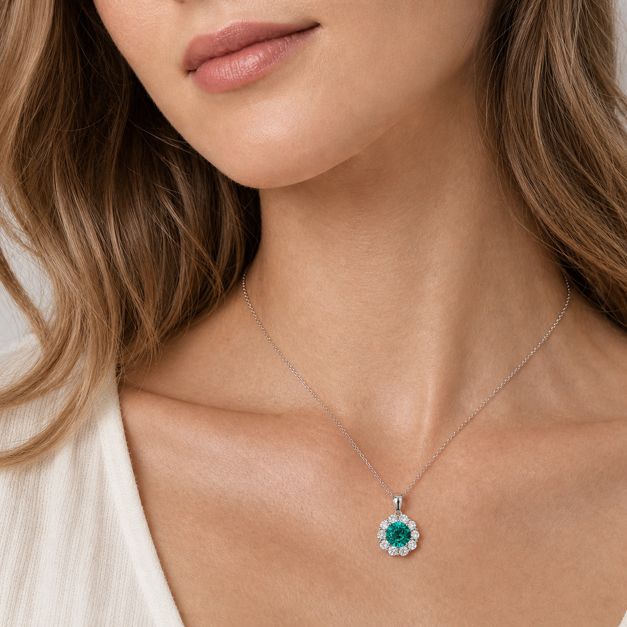 Floret Padparadscha Sapphire Round & Diamond Halo Pendant Necklace in White Gold